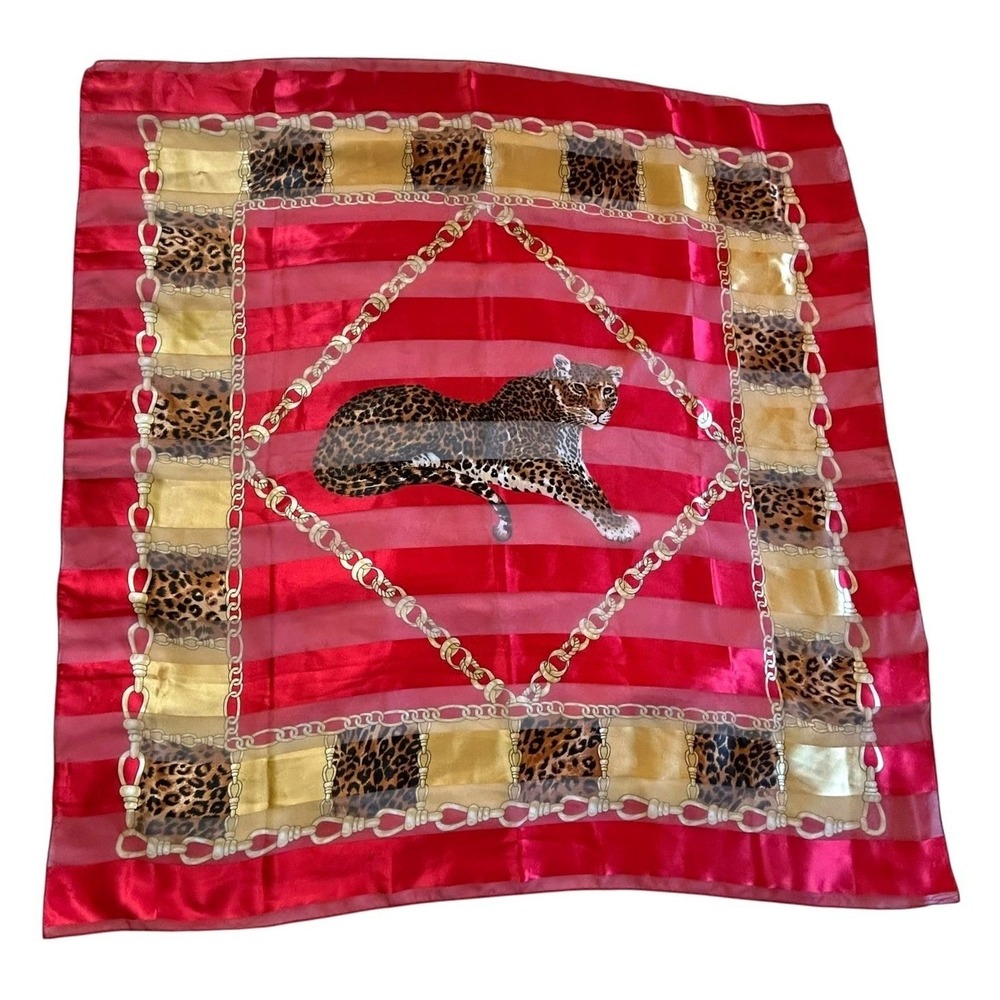 Leopard Satin Scarf 41 Inch Square Mob Wife Red Gold Chain Retro Glam
